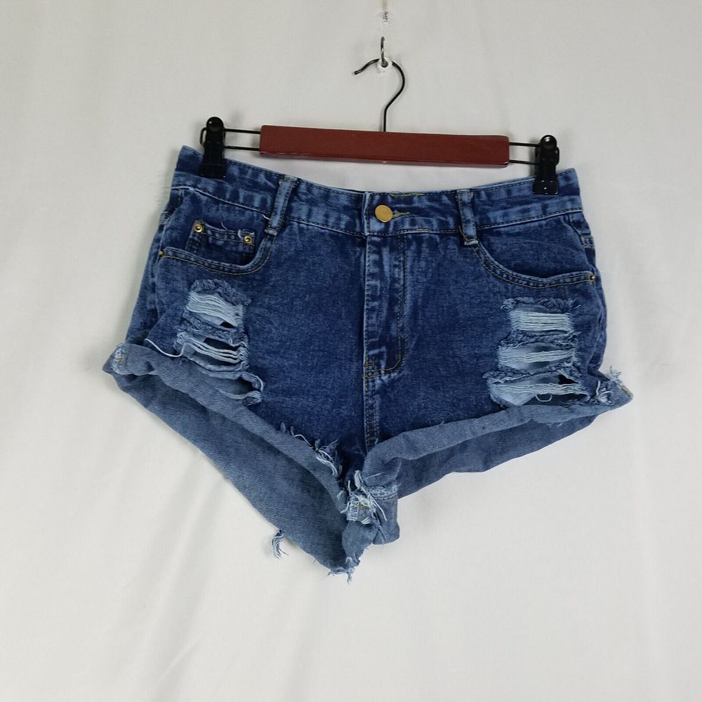 Shein Denim Shorts Womens Medium Blue Jean‎ Mid Rise Distressed Medium Wash